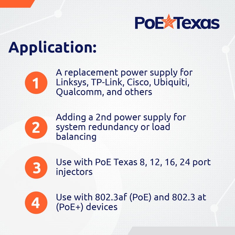 PoE Texas مزود طاقة PoE تكساس 48 فولت - مزود طاقة 48 فولت 60 واط من AC إلى DC لتغذية الطاقة عبر الإيثرنت، محقن PoE، محول، مقسم، موسع، مفتاح شبكة - طاقة PoE 60 واط 48 فولت DC لأجهزة 802.3af، 802.3at - Image 3